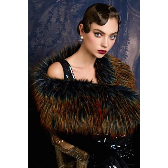 🆕 Luxury Black Gold Vegan Fur Collar Wrap Winter Cloak Bridal Wedding Cover Up - Picture 1 of 6